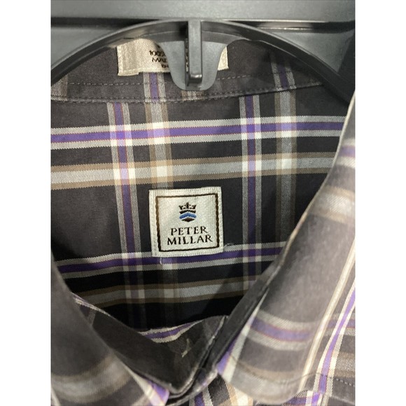 Peter Millar Mens Plaid Long Sleeve Button Front Shirt Purple Black Gray‎ Size L - Picture 4 of 8